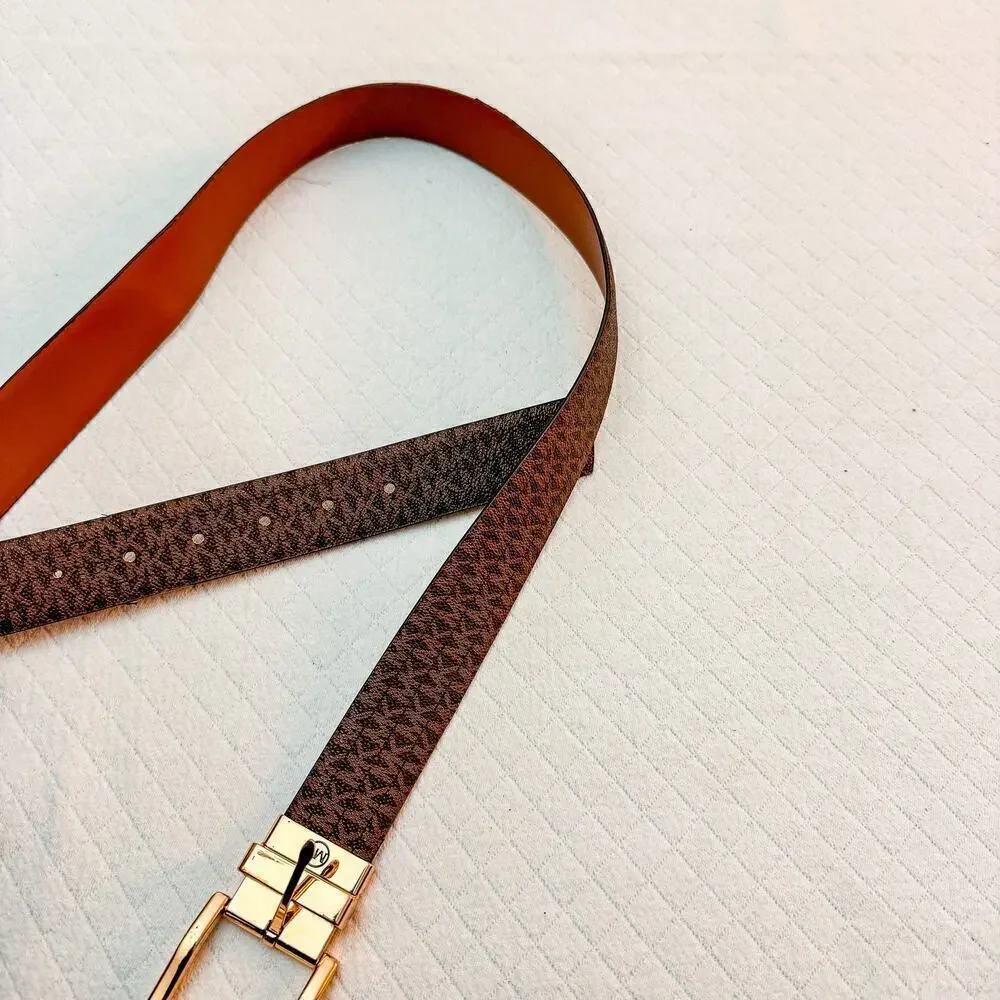 Michael Kors Printed Logo Brown Leather Belt Gold Buckle Size L